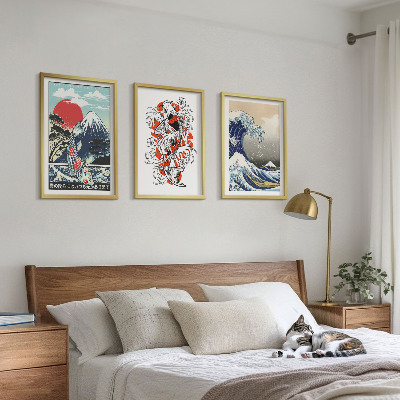 Lot de 3 tableaux pour salon Montagnes de poissons Grande vague Japon