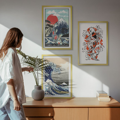 Lot de 3 tableaux pour salon Montagnes de poissons Grande vague Japon