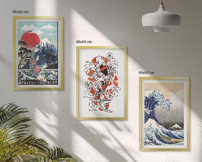 Lot de 3 tableaux pour salon Montagnes de poissons Grande vague Japon