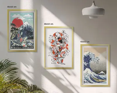 Lot de 3 tableaux pour salon motif montagnes et la grande vague du Japon