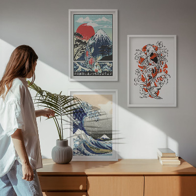 Lot de 3 tableaux pour salon Montagnes de poissons Grande vague Japon