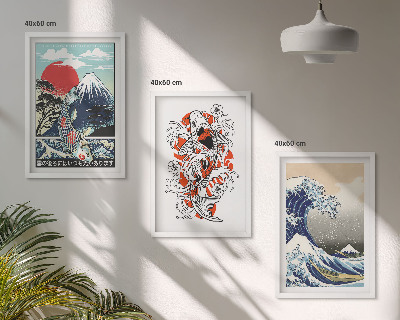 Lot de 3 tableaux pour salon Montagnes de poissons Grande vague Japon