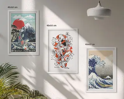 Lot de 3 tableaux pour salon motif montagnes et la grande vague du Japon