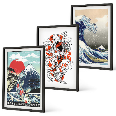 Lot de 3 tableaux pour salon Montagnes de poissons Grande vague Japon