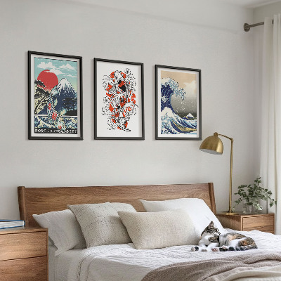 Lot de 3 tableaux pour salon Montagnes de poissons Grande vague Japon