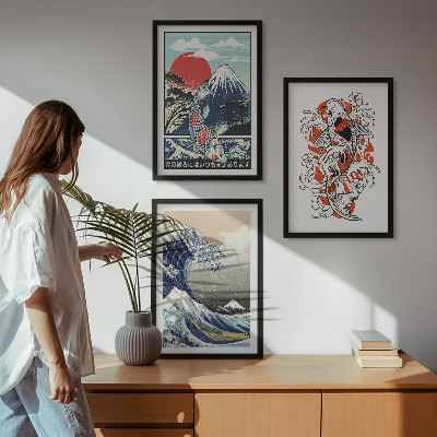 Lot de 3 tableaux pour salon Montagnes de poissons Grande vague Japon