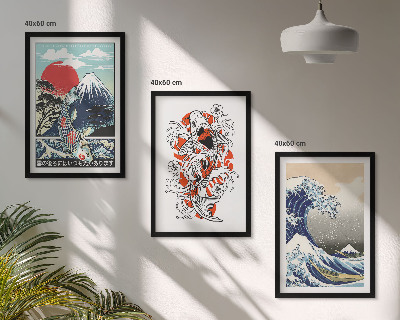 Lot de 3 tableaux pour salon Montagnes de poissons Grande vague Japon