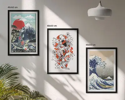 Lot de 3 tableaux pour salon motif montagnes et la grande vague du Japon
