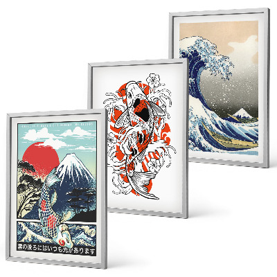 Lot de 3 tableaux pour salon Montagnes de poissons Grande vague Japon