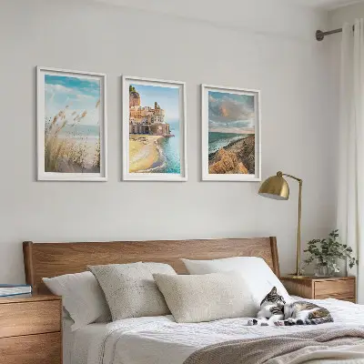 Lot de 3 tableaux pour salon représentant des paysages de plage, de falaises et de ville