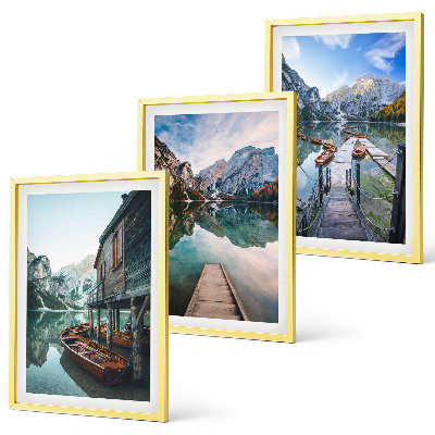 Lot de 3 tableaux pour salon Lac, montagnes, bateaux en bois