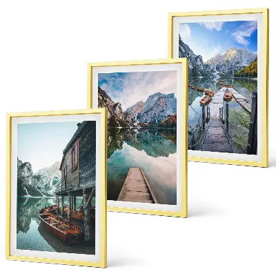 Lot de 3 tableaux pour salon représentant un lac avec des montagnes et des bateaux en bois