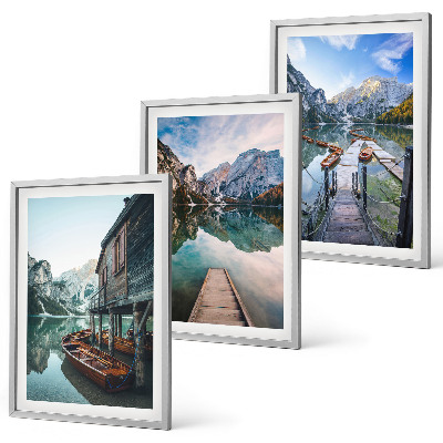 Lot de 3 tableaux pour salon Lac, montagnes, bateaux en bois