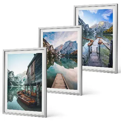 Lot de 3 tableaux pour salon représentant un lac avec des montagnes et des bateaux en bois