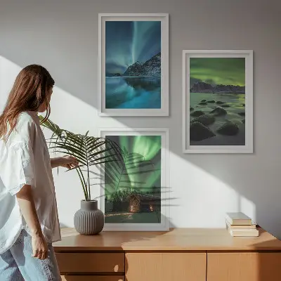 Cadre photo mural paysages d'hiver avec aurores boréales