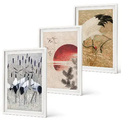 Lot de 3 tableaux pour salon représentant un paysage de grues japonaises