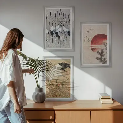 Lot de 3 tableaux pour salon représentant un paysage de grues japonaises