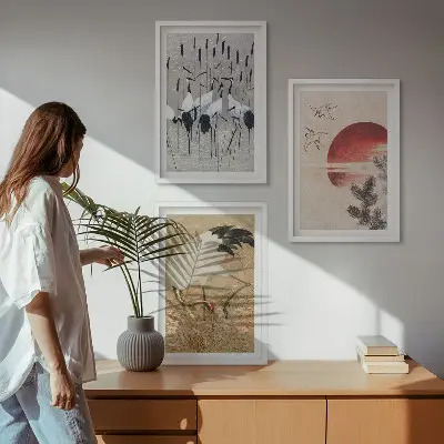 Lot de 3 tableaux pour salon représentant un paysage de grues japonaises