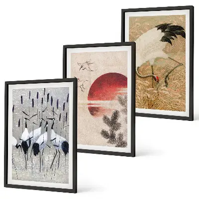 Lot de 3 tableaux pour salon représentant un paysage de grues japonaises