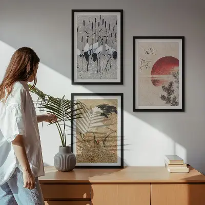 Lot de 3 tableaux pour salon représentant un paysage de grues japonaises
