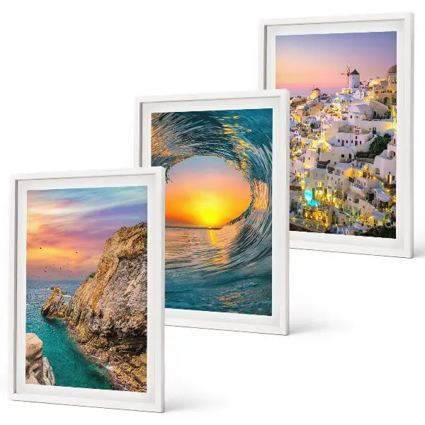 Lot de 3 tableaux pour salon vagues de la mer avec maisons blanches de Santorin