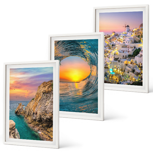 Lot de 3 tableaux pour salon Vagues de la mer, maisons blanches de Santorin