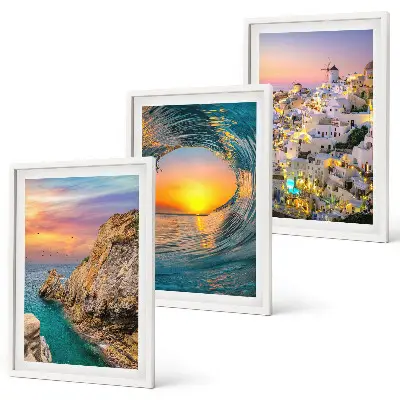 Lot de 3 tableaux pour salon vagues de la mer avec maisons blanches de Santorin