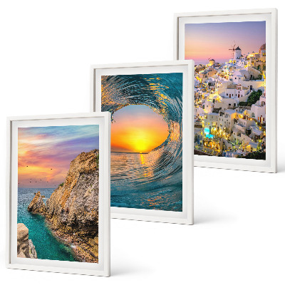 Lot de 3 tableaux pour salon Vagues de la mer, maisons blanches de Santorin