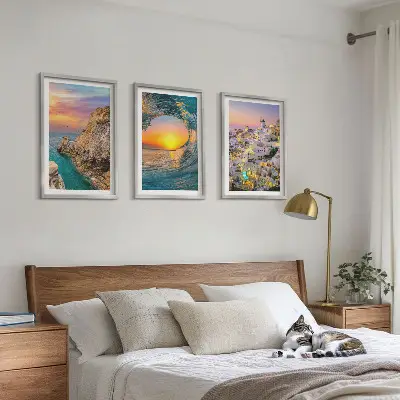 Lot de 3 tableaux pour salon vagues de la mer avec maisons blanches de Santorin