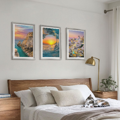 Lot de 3 tableaux pour salon Vagues de la mer, maisons blanches de Santorin