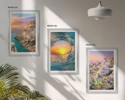 Lot de 3 tableaux pour salon vagues de la mer avec maisons blanches de Santorin