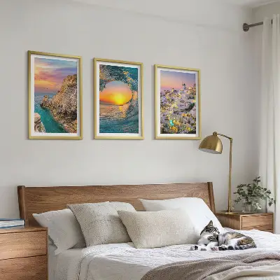 Lot de 3 tableaux pour salon vagues de la mer avec maisons blanches de Santorin
