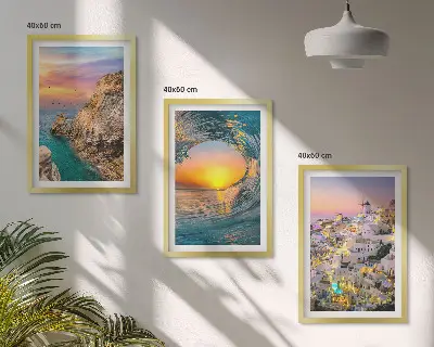 Lot de 3 tableaux pour salon vagues de la mer avec maisons blanches de Santorin
