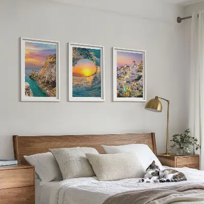 Lot de 3 tableaux pour salon vagues de la mer avec maisons blanches de Santorin