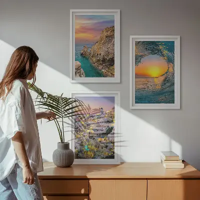 Lot de 3 tableaux pour salon vagues de la mer avec maisons blanches de Santorin