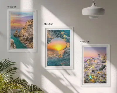 Lot de 3 tableaux pour salon vagues de la mer avec maisons blanches de Santorin