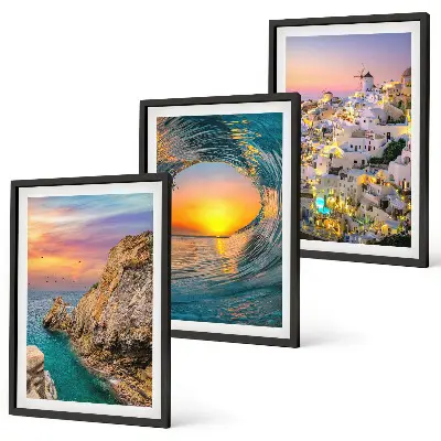 Lot de 3 tableaux pour salon vagues de la mer avec maisons blanches de Santorin