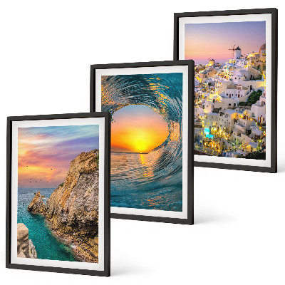 Lot de 3 tableaux pour salon Vagues de la mer, maisons blanches de Santorin