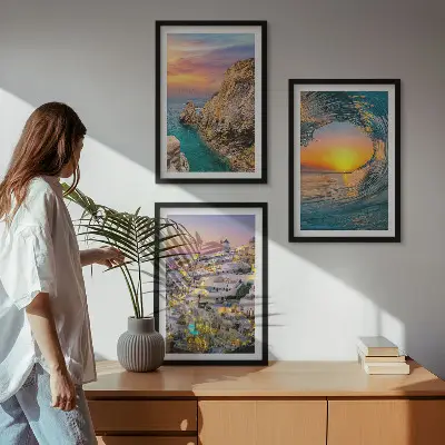 Lot de 3 tableaux pour salon vagues de la mer avec maisons blanches de Santorin