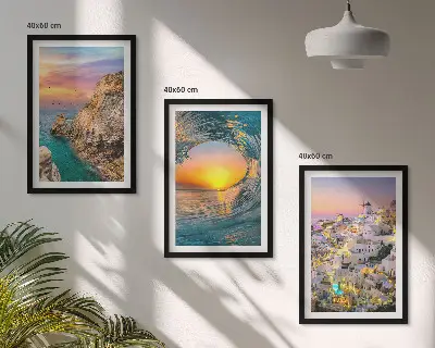 Lot de 3 tableaux pour salon vagues de la mer avec maisons blanches de Santorin