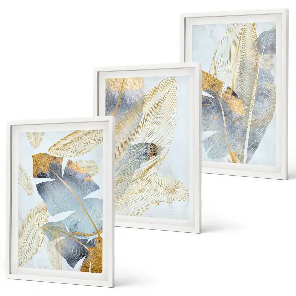 Lot de 3 tableaux pour salon motif feuilles bleu et beige clair