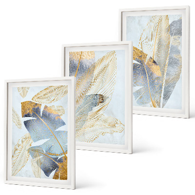 Lot de 3 tableaux pour salon Feuilles bleu-beige clair