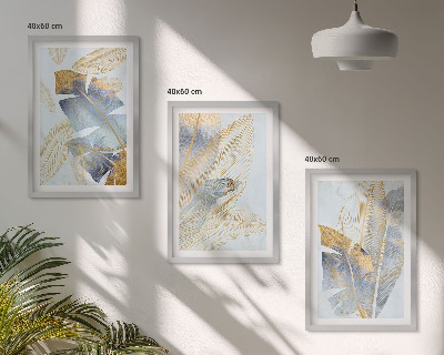 Lot de 3 tableaux pour salon Feuilles bleu-beige clair