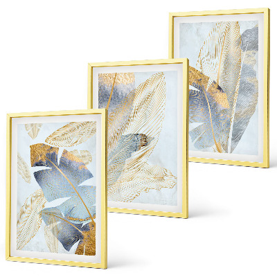 Lot de 3 tableaux pour salon Feuilles bleu-beige clair