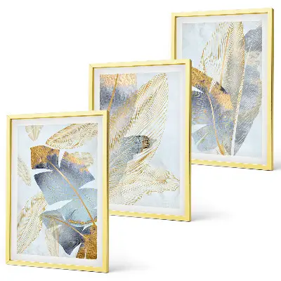 Lot de 3 tableaux pour salon motif feuilles bleu et beige clair
