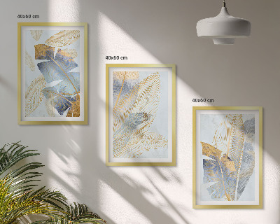 Lot de 3 tableaux pour salon Feuilles bleu-beige clair