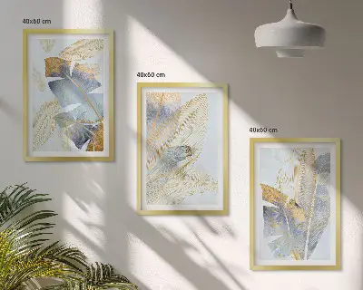 Lot de 3 tableaux pour salon motif feuilles bleu et beige clair
