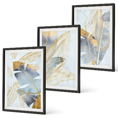 Lot de 3 tableaux pour salon Feuilles bleu-beige clair