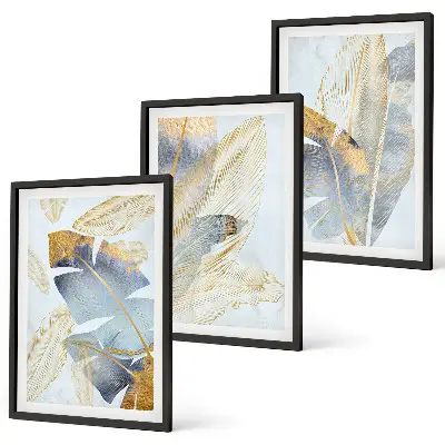 Lot de 3 tableaux pour salon motif feuilles bleu et beige clair