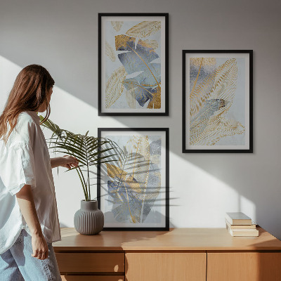 Lot de 3 tableaux pour salon Feuilles bleu-beige clair